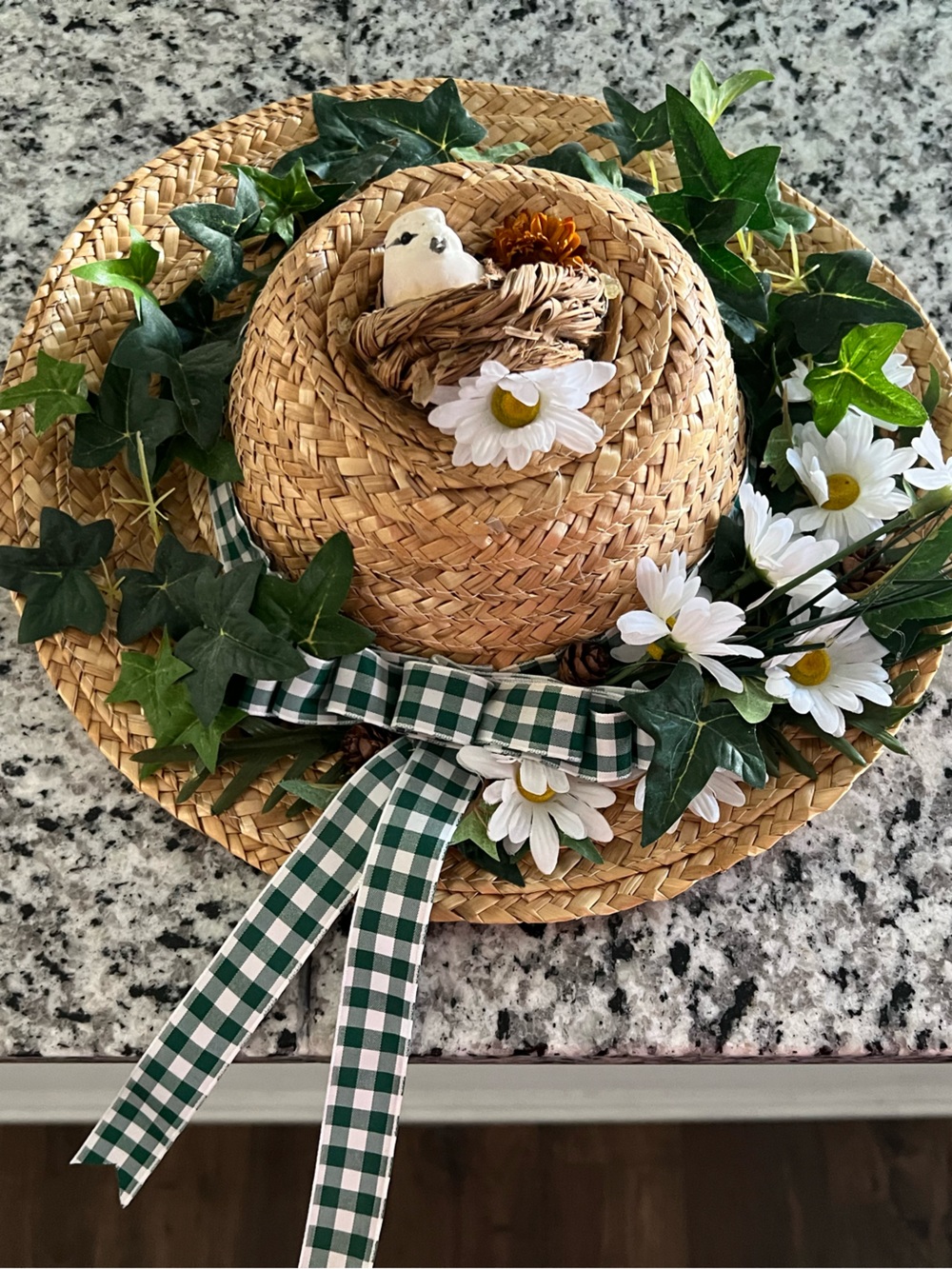 Straw Daisy Garland Hat with Green Gingham Ribbon